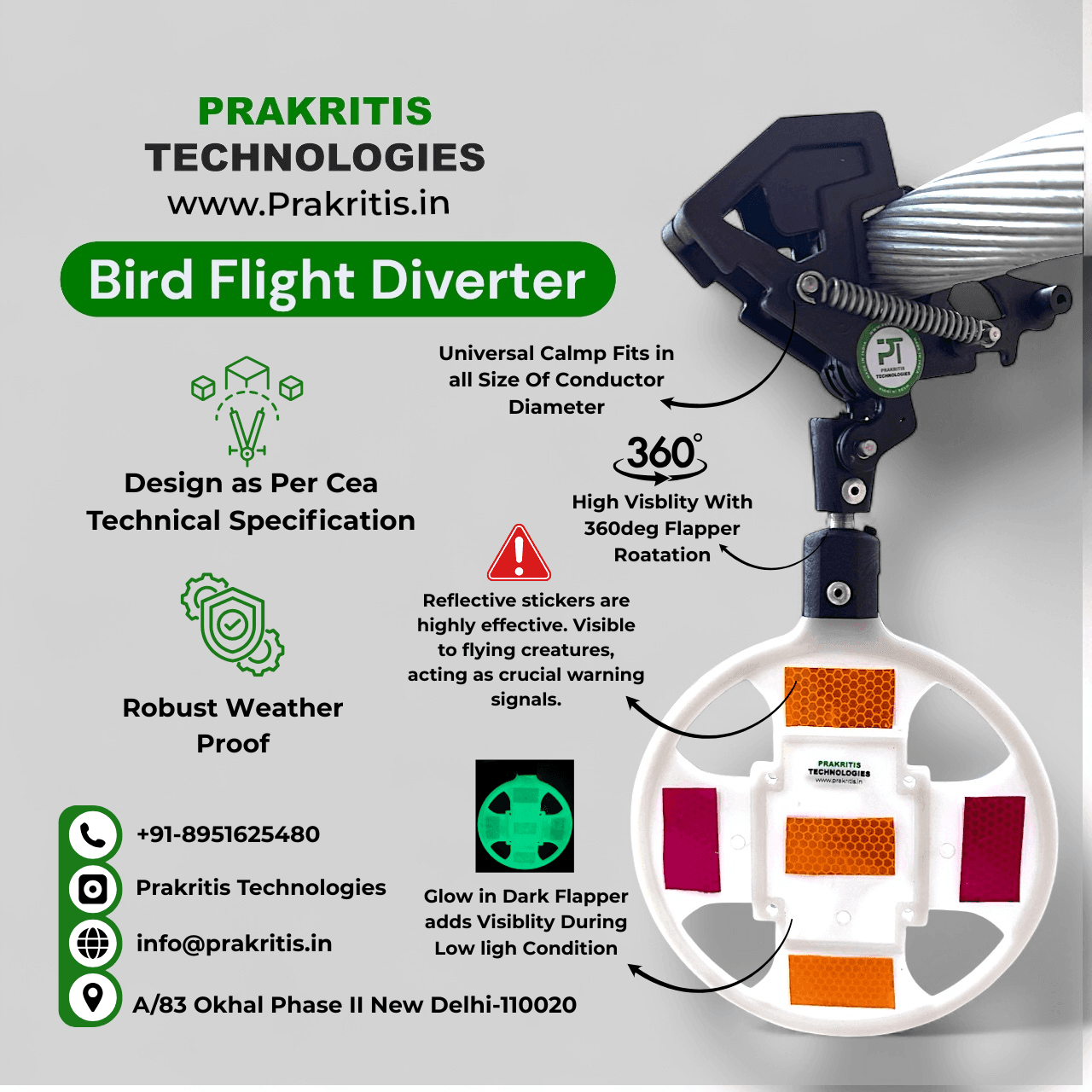Discover the Bird Flight Diverter by Prakritis Technologies – a CEA-compliant, weatherproof device with 360° rotating flapper, reflective stickers, and glow-in-the-dark features. Prevent bird collisions with power lines while ensuring high visibility in all conditions.